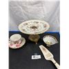 Image 2 : Lot of Vintage Dishes. Brass Pedestal Cake Plate,Bone China Knife and mismatched Tea Cup Set