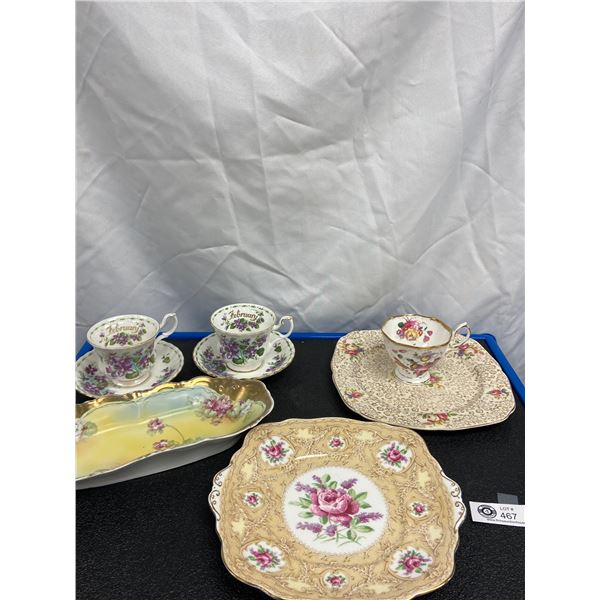 Lot of Vintage Dishes and Tea Cups " Hydrangea" Dish and "February" Tea Cups