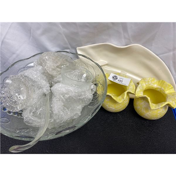 Punchbowl with Cups, A Tray and 2 Pottery Pieces ( Vases?)