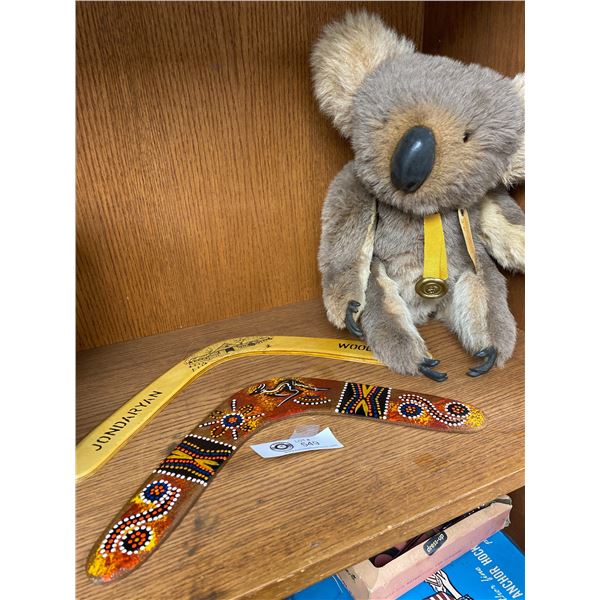 Rare Antique Billie Blue Gum Koala Stuffed Bear and 2 Handcrafted Boomerangs 12' and 14" From Austra