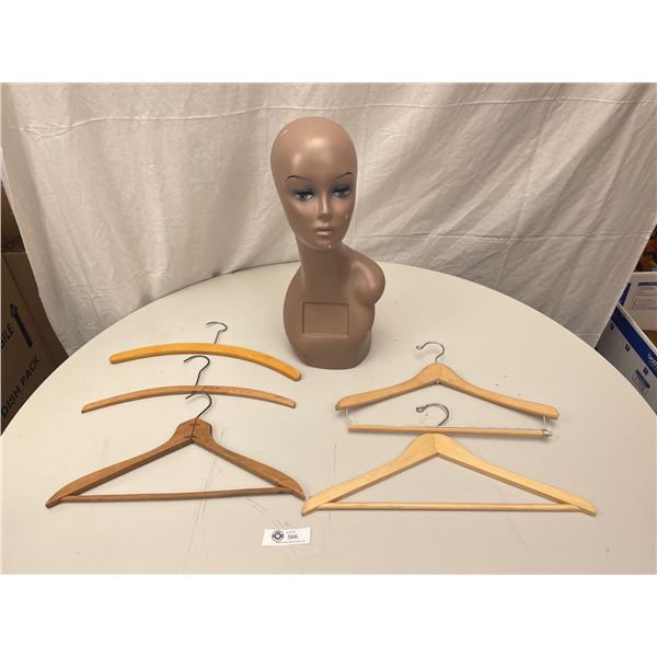 Vintage Mannequins Head with 5 Vintage Wooden Hangers