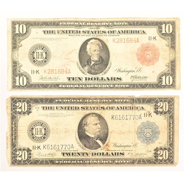 1914 Bank of Dallas $10 & $20 Federal Reserve Note