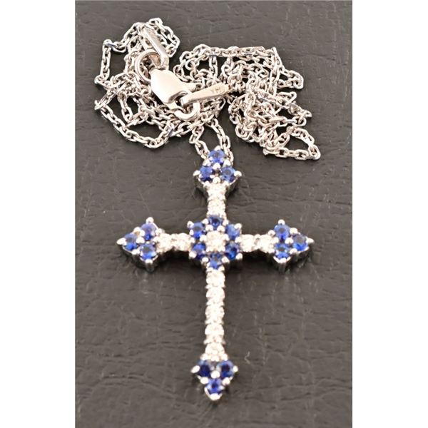 14kt White Gold Diamond & Sapphire Cross Necklace