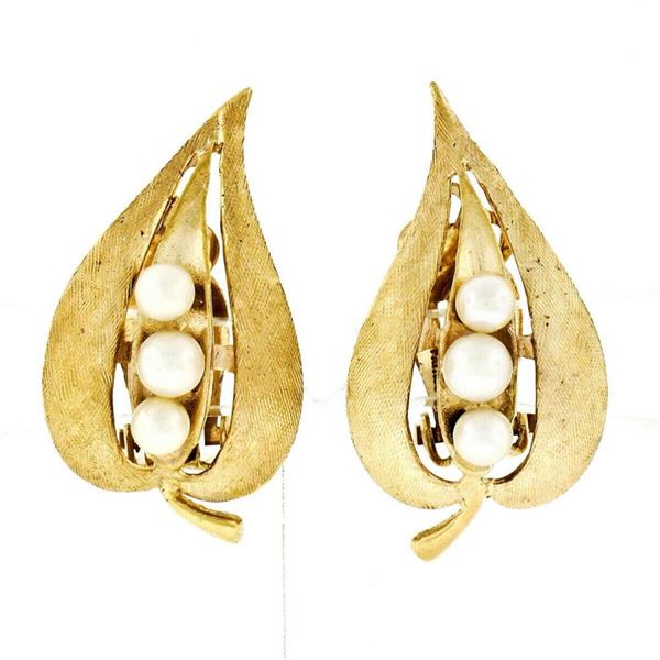 Vintage 14kt Yellow Gold Pearl Florentine Open Leaf Clip On Earrings