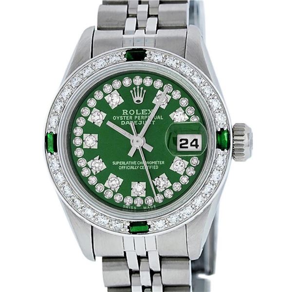 Rolex Ladies Stainless Steel Green Emerald & Diamond Datejust Wristwatch 26MM