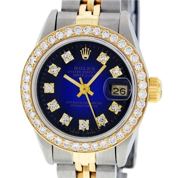 Rolex Ladies 2 Tone Blue Vignette VS Diamond Oyster Perpetual Datejust Wristwatc