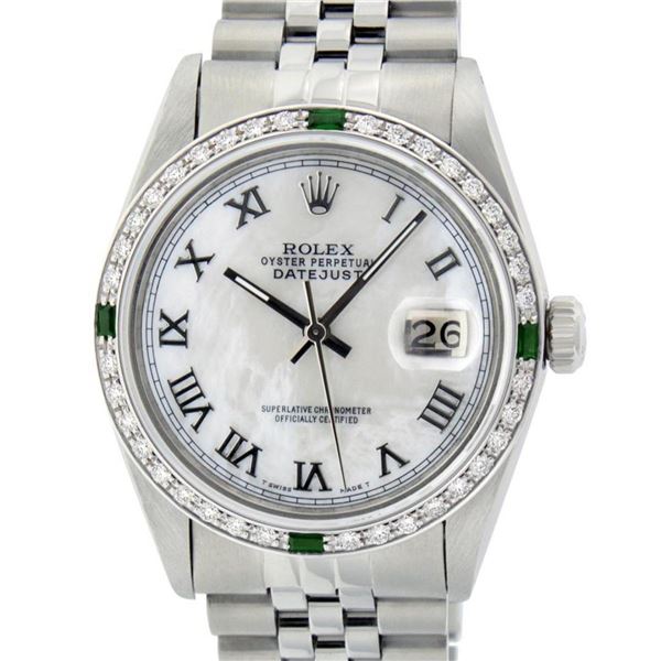 Rolex Mens Stainless Steel Silver MOP Roman 36MM Diamond & Emerald Datejust