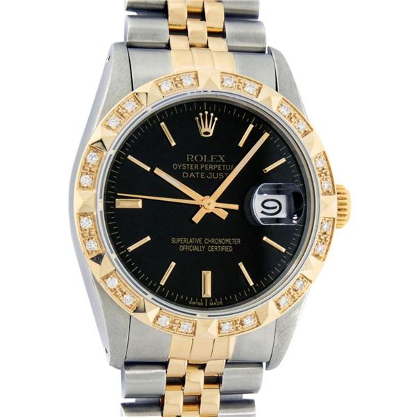 Rolex Mens 2 Tone Black Index Pyramid Diamond Bezel Datejust Wristwatch