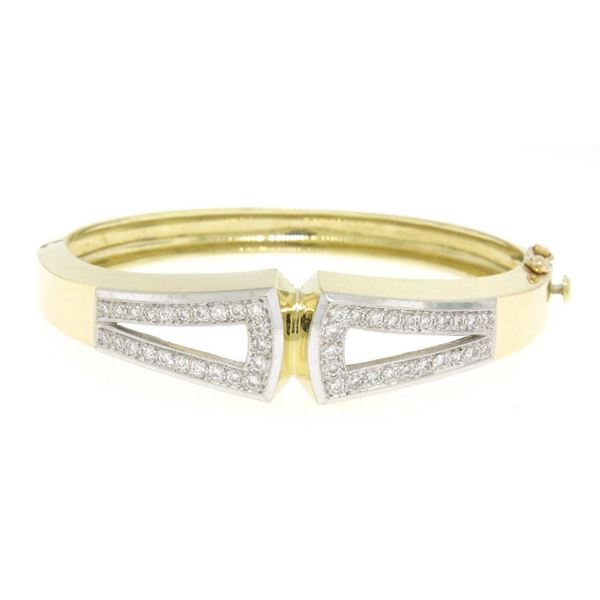 Estate 14K Solid Two Tone Gold Hinged Open Bangle Bracelet with Pave Diamonds