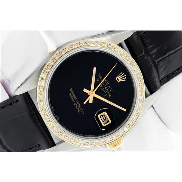 Rolex 36 Datejust Black Onyx Diamond Leather Band Oyster Perpetual Serviced