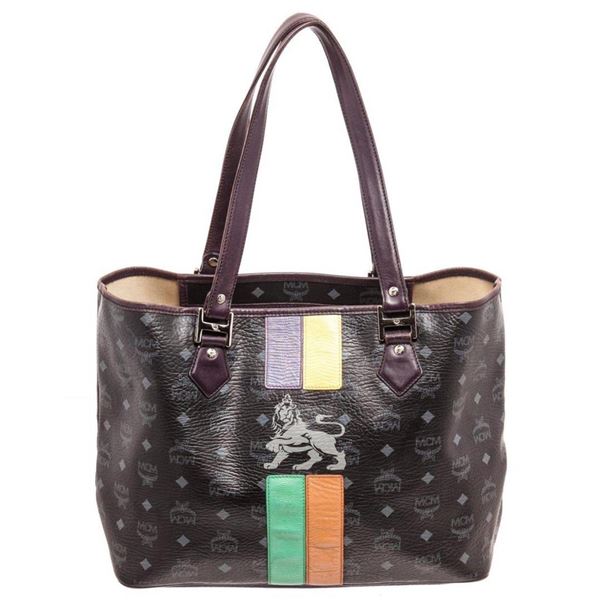 MCM Black Coated Canvas  Leather Lion Shopper Shoulder Bag