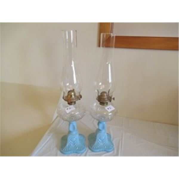 2 BLUE MILK GLASS OIL LAMPS WITH CHIMNEYS