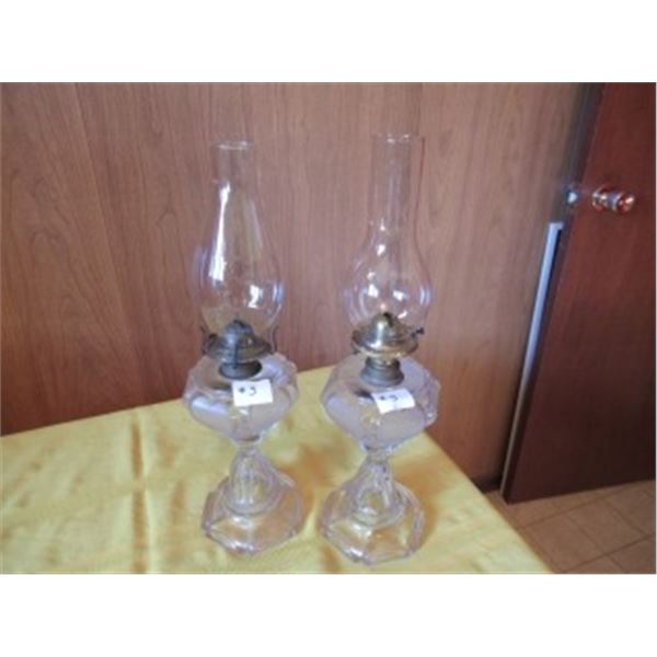2 CLEAR GLASS BEADED QUEEN HEART OIL LAMPS WITH CHIMNEYS
