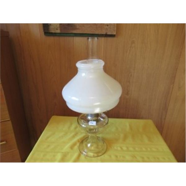CLEAR GLASS ALLADIN LAMP WITH MILK GLASS SHADE