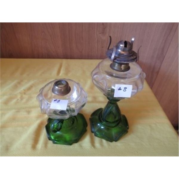 2 GREEN/CLEAR GLASS BEADED QUEEN HEART OIL LAMPS (NO CHIMNEYS)