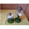 Image 1 : 2 GREEN/CLEAR GLASS BEADED QUEEN HEART OIL LAMPS (NO CHIMNEYS)