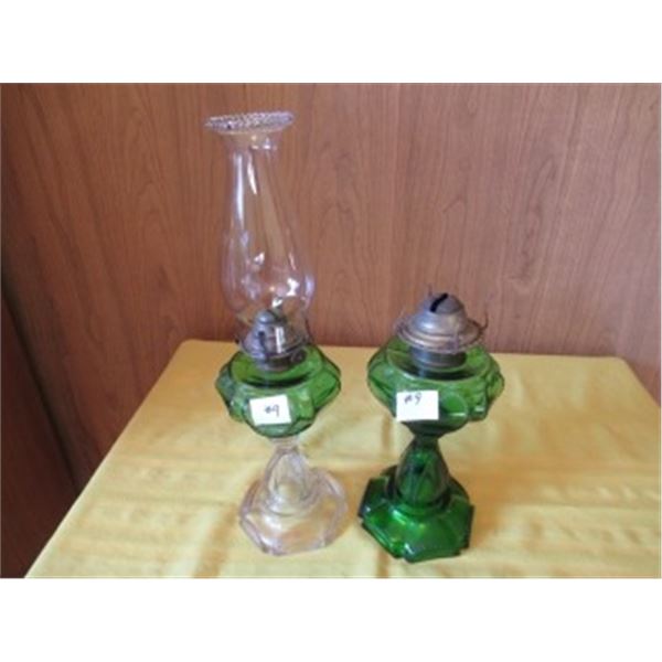 1 GREEN/CLEAR & 1 GREEN BEADED QUEEN HEART OIL LAMPS & 1 CHIMNEY