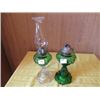 Image 1 : 1 GREEN/CLEAR & 1 GREEN BEADED QUEEN HEART OIL LAMPS & 1 CHIMNEY