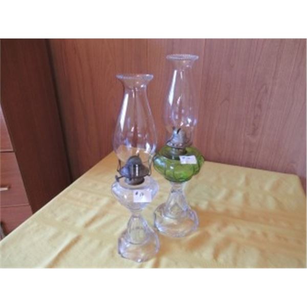 1 CLEAR GLASS & 1 GREEN/CLEAR BEADED QUEEN HEART OIL LAMPS WITH CHIMNEYS