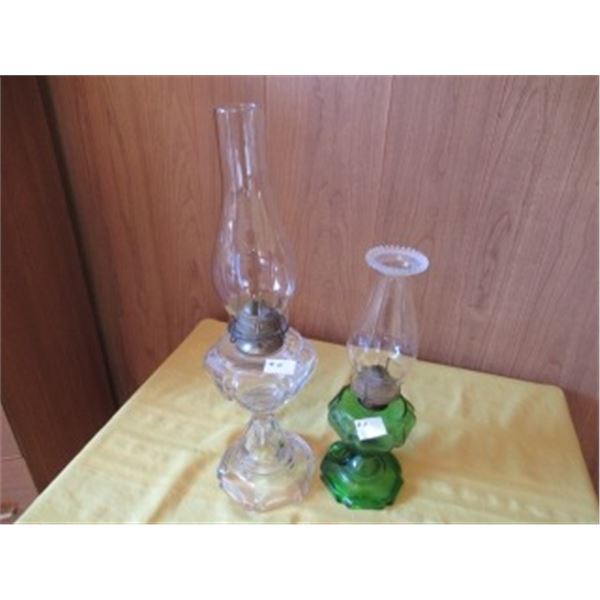 1 CLEAR GLASS & 1 GREEN/CLEAR BEADED QUEEN HEART OIL LAMPS WITH CHIMNEYS