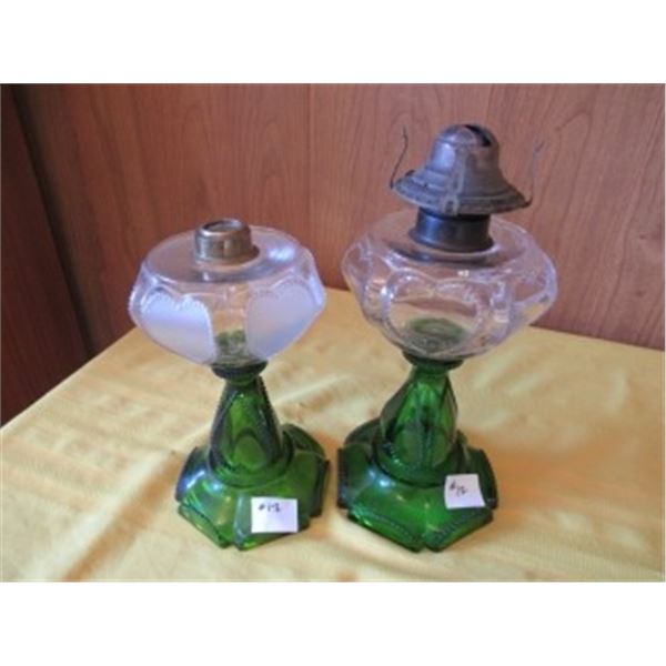 2 GREEN/CLEAR GLASS BEADED QUEEN HEART OIL LAMPS (NO CHIMNEYS)