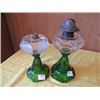 Image 1 : 2 GREEN/CLEAR GLASS BEADED QUEEN HEART OIL LAMPS (NO CHIMNEYS)