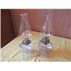 Image 1 : 2 SQUARE BASE CLEAR GLASS PATTERED OIL LAMPS WITH CHIMNEYS
