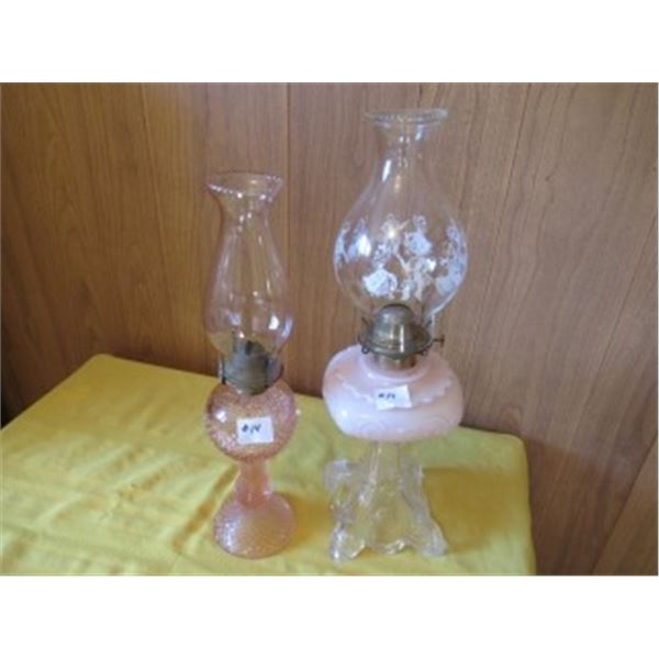 1 PINK HOBNAIL LAMP & CHIMNEY & 1 SQUARE/PINK SWIRL LAMP & CHIMNEY