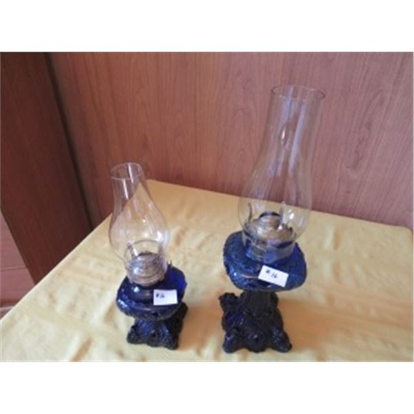 2 SQUARE COBALT BLUE LAMPS & CHIMNEYS (ONE IS A FINGER LAMP)