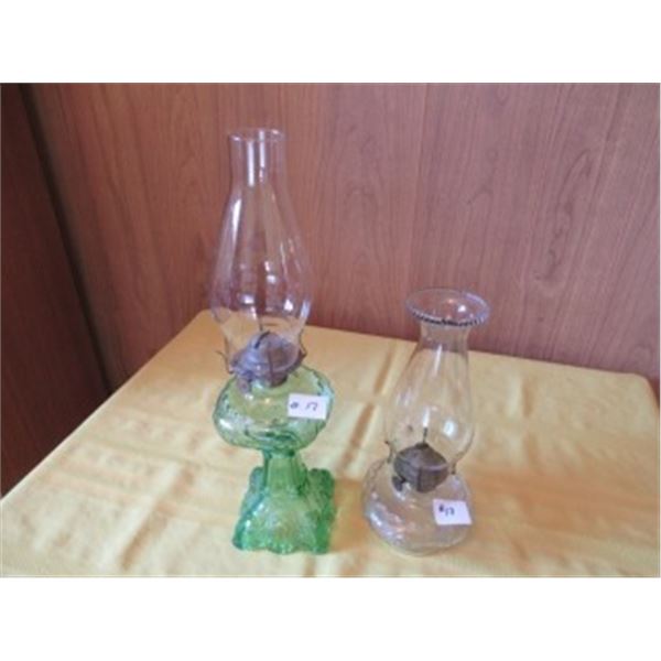 1 - SQUARE GREEN DEPRESSION GLASS STYLE BASE & CHIMNEY & 1 CLEAR GLASS FINGER LAMP & CHIMNEY