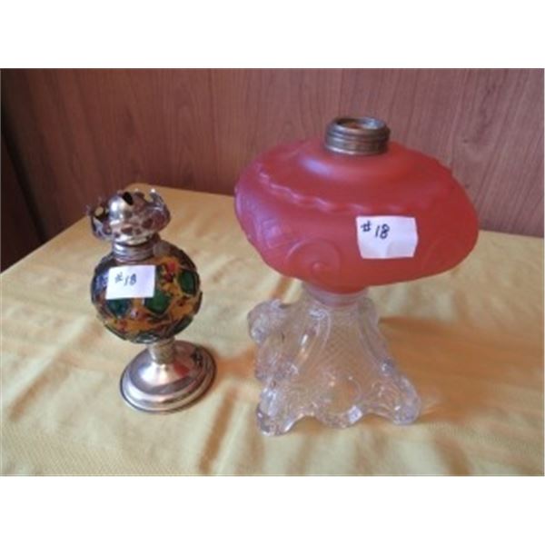 1 - MULTI COLORED BASE & 1 RED/CLEAR SWIRL PATTERN SQUARE BASE LAMP (NO CHIMNEYS)