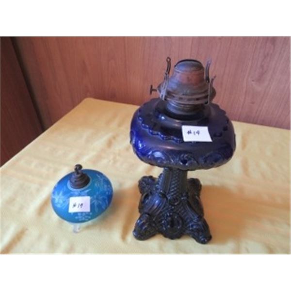 1 - COBALT BLUE LEAF PATTERN BASE & BLUE MINI LAMP BASE