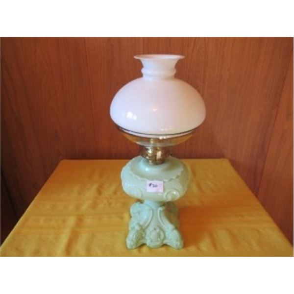 1 GREEN MILK GLASS STYLE SQUARE SWIRL OIL LAMP WITH MILK GLASS SHADE