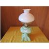 Image 1 : 1 GREEN MILK GLASS STYLE SQUARE SWIRL OIL LAMP WITH MILK GLASS SHADE