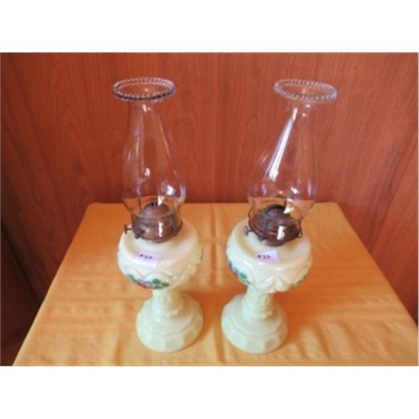 2 MILK GLASS (FENTON STYLE) WITH FLOWER PATTERN LAMPS WITH CHIMNEYS