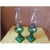 Image 1 : 2 GREEN SQUARE SWIRL LAMPS LAMPS WITH CHIMNEYS