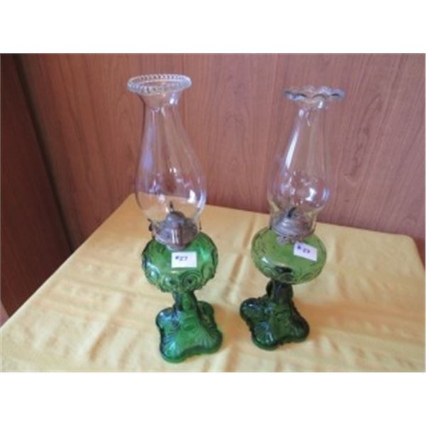 2 SQUARE GREEN SWIRL LAMPS WITH CHIMNEYS