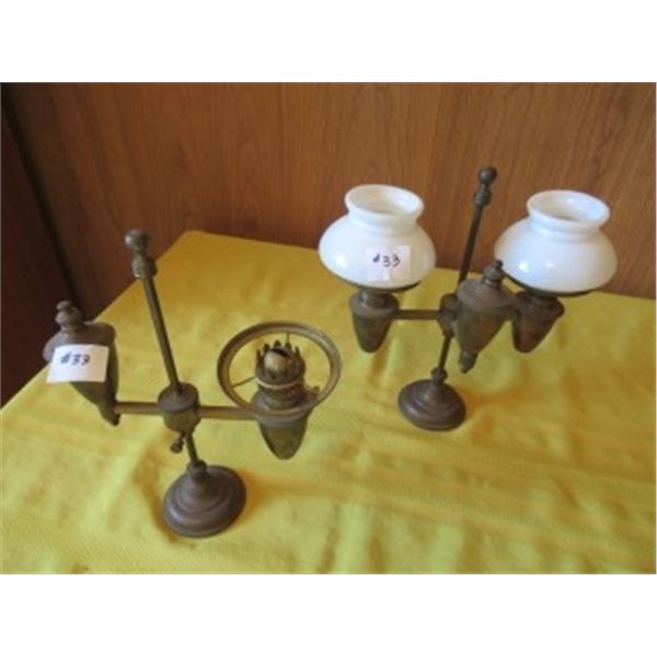 2 BRASS DESK OIL LAMPS WITH 2 MILK GLASS SHADES