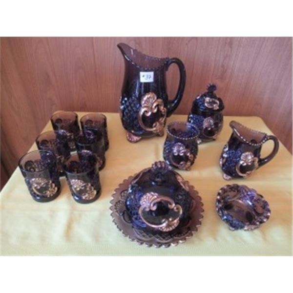 ORNATE TRIMMED IN GOLD COLLECTIBLE COBALT BLUE PITCHER, CREAMER, SUGAR,