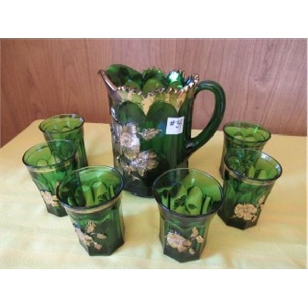 VERY ORNATE TRIMMED IN GOLD GREEN ROSE PATTERN PITCHER & 6 GLASSES