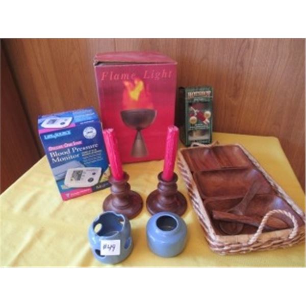 TRAY, CANDLE HOLDERS, BLOOD PRESSURE MONITOR, FLAME LIGHT, ETC