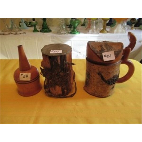 WOOD BEER STEIN, WOOD ORNAMENTS, YARN THREADER, ETC