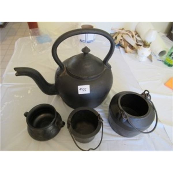 CAST IRON TEAPOT, CREAMER, SUGAR & POT