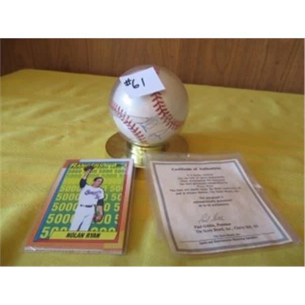 NOLAN RYAN SIGNED BASEBALL WITH CERTIFICATE OF AUTHENTICITY & PLAYERS CARD