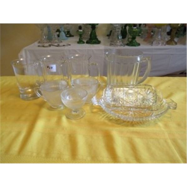 PITCHER, PICKLE DISHES, SUNDAE CUPS, MUGS, ETC