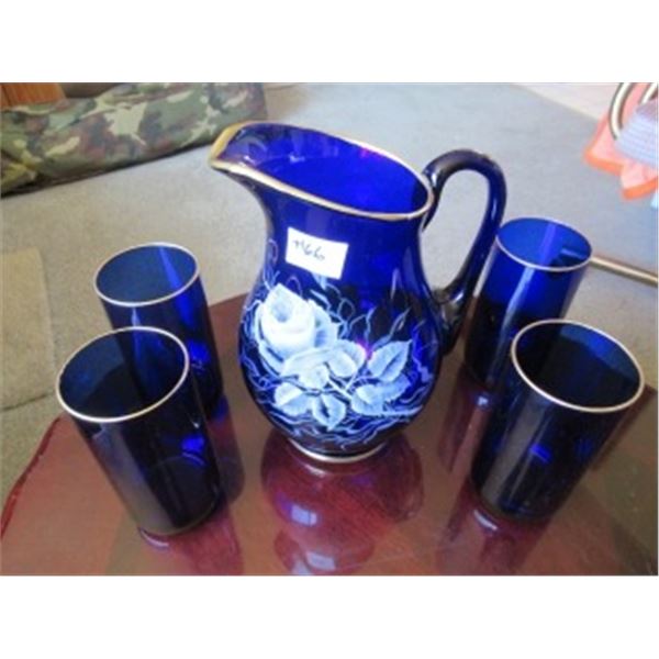 COBALT BLUE PITCHER WITH FLOWER DESIGN & 4 GLASSES