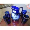 Image 1 : COBALT BLUE PITCHER WITH FLOWER DESIGN & 4 GLASSES