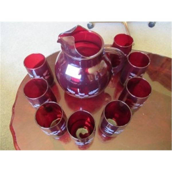 CAPE COD RUBY PITCHER WITH DESIGN & 8 GLASSES
