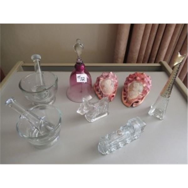 BELL, MORTAR & PESTAL, AVON BOTTLES, 2 ITALIAN HAND DESIGNED SEA SHELLS