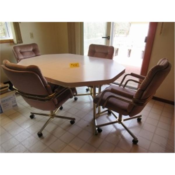 KITCHEN TABLE & 4 ARM CHAIRS ON CASTORS